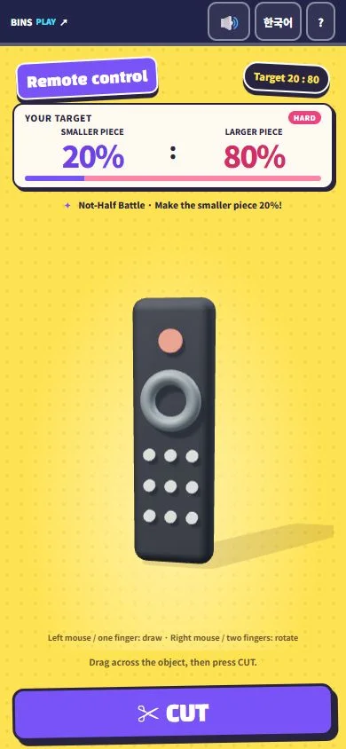 English Not-Half game showing a remote control and a 20 to 80 target